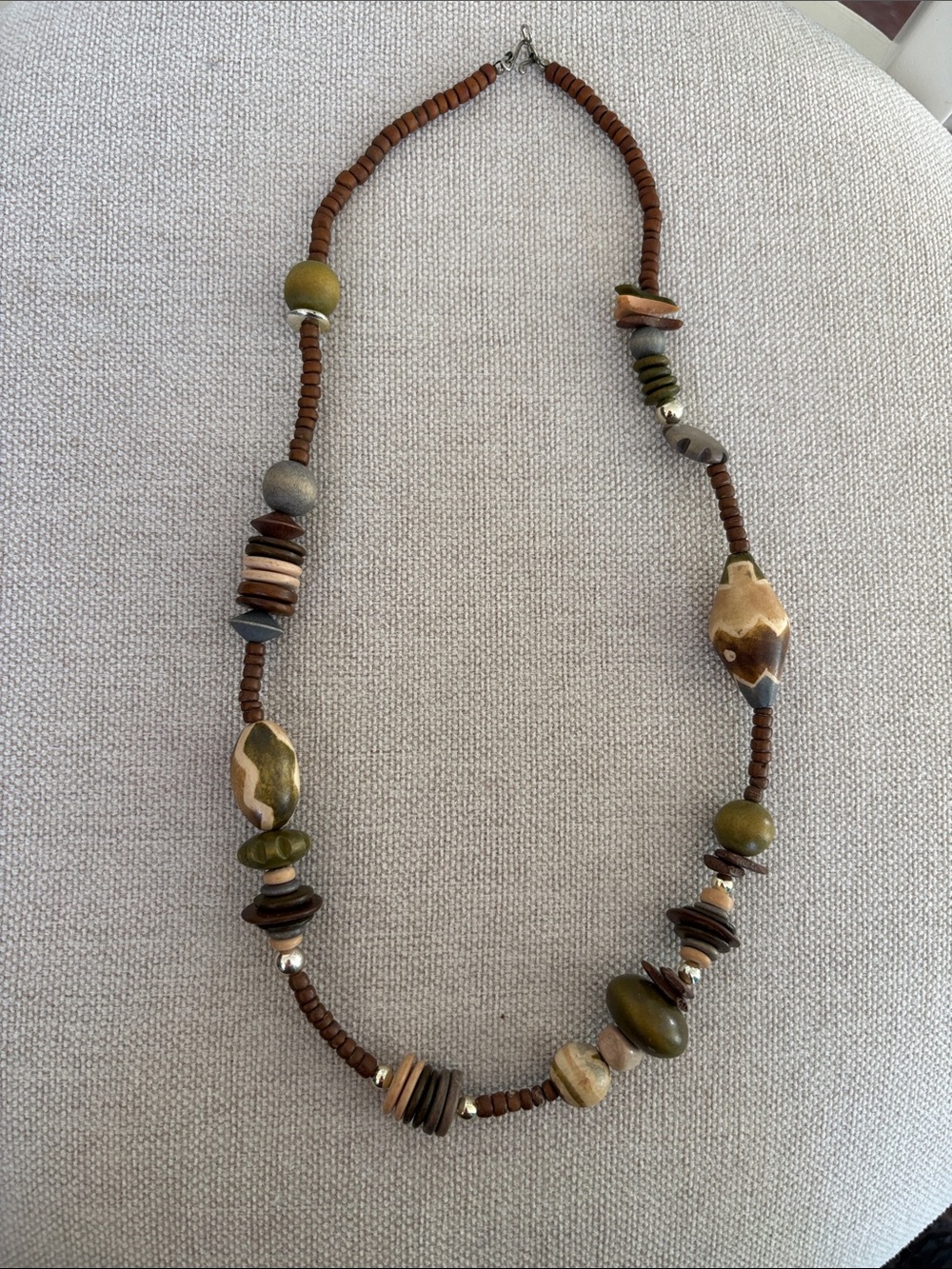 Handcrafted Earth-Tone Boho Beaded Necklace - Olive Green, Wood & Brown